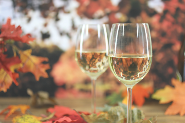 Two glasses of white wine surrounded by falling leaves