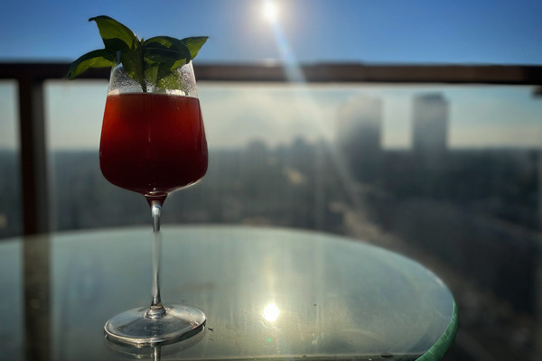A bright red drink in a wine glass with a huge plume of basil. The sun shining brightly in the background