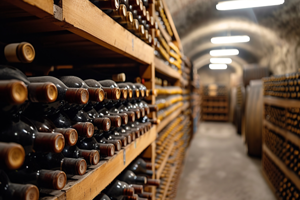 side view close up of wine bottles on a shelf in a cellar