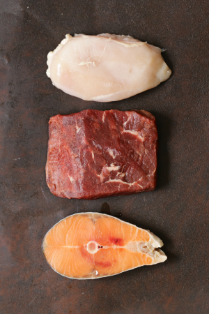 Filets of raw chicken, beef and fish in a row going from north to south