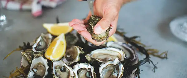 close up on a man's hands shucking an oyster
